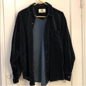 dark blue and black houndstooth patterned velvet button up
long sleeve shirt